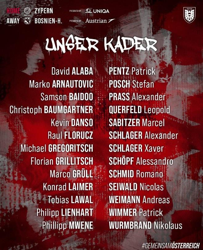 奥地利大名单：阿拉巴领衔，萨比策、莱默尔、阿瑙、丹索入选